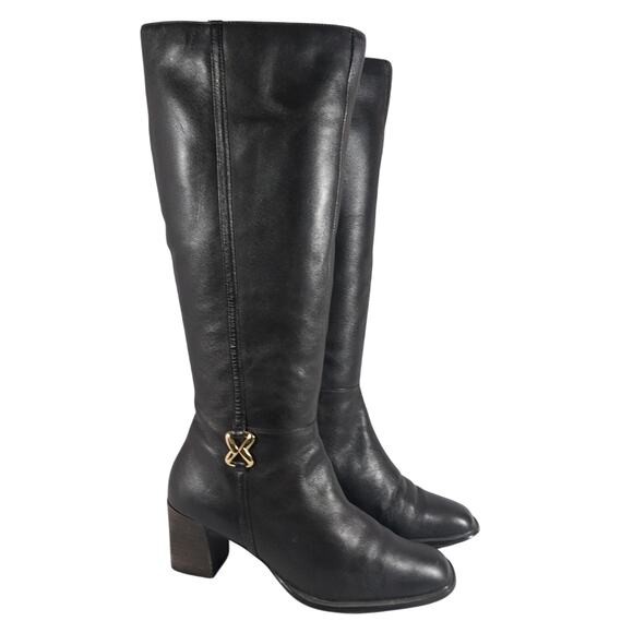 GORGEOUS ESPRESSO BROWN GENUINE LEATHER & GOLD CHUNKY HEELED BOOTS! SZ 6M - Picture 1 of 11